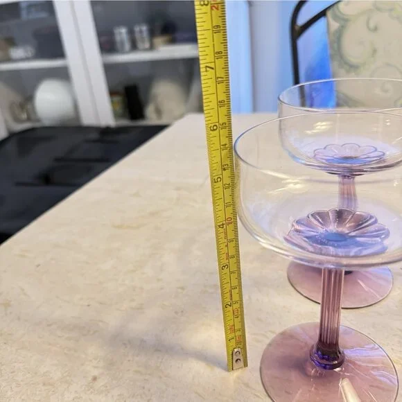Set Of 4 Vtg. Fostoria Corsage Plum Purple Flower Stem Crystal Champagne Glasses